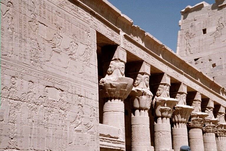 Fig. 4. Hathor headed column capitals in forecourt to the Temple of Isis.